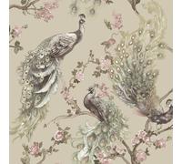 Esotico Menali Pavone Holden Parati Beige 36271 Brillantini Fiori Rose Uccelli