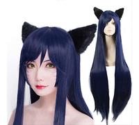 ESPADE 2022 Cos Wig Gioco LOL Ahri 100 cm Lunga Parrucca Blu Scuro La Volpe a Nove Code Donne Resistente al Calore dei Capelli del Costume di Cosplay Parrucche + Orecchie