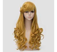ESPADE 2022 Cos Wig Parrucca Principessa Aurora Lunga Frangia ondulata Dorata Parrucche for Cosplay for Capelli Sintetici Resistenti al Calore + Cappuccio for Parrucca