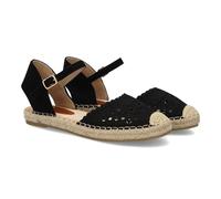 Espadrillas basse da donna con decorazione traforata, stile artigianale. Suola in juta comoda e leggera, cinturino posteriore alla caviglia con fibbia regolabile. Ideali per l'estate. Nero Talla 37