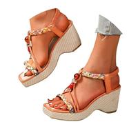 Espadrillas Boho da donna, sandali bohémien con zeppa a testa quadrata, sandali da donna con perline romane con cinturino posteriore elastico, scarpe eleganti antiscivolo con plateau, scarpe estive