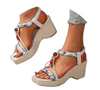 Espadrillas Boho da donna, sandali bohémien con zeppa a testa quadrata, sandali da donna con perline romane con cinturino posteriore elastico, scarpe eleganti antiscivolo con plateau, scarpe estive
