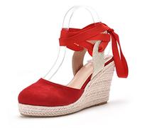 Espadrillas con Lacci da Donna Sandali con Zeppa e Punta Chiusa, per Scarpe Eleganti da Spiaggia, Ballo di fine Anno,Rosso,34 EU