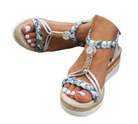 Espadrillas da donna a punta aperta, eleganti sandali con plateau, senza lacci, con cinturino elastico alla caviglia, comodi da camminare, con perline, tacco basso con zeppa e perline, per attività