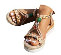 Espadrillas da donna a punta aperta, eleganti sandali con plateau, senza lacci, con cinturino elastico alla caviglia, comodi da camminare, con perline, tacco basso con zeppa e perline, per attività