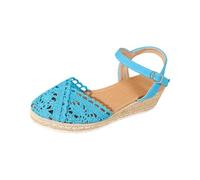Espadrillas da donna chiuse con tacco a zeppa, elegante tessuto in pizzo, Blu, 36 EU