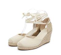 Espadrillas da Donna estive Traspiranti Tinta Unita a Strisce in Tela con Lacci a Punta Bassa Punta Chiusa Piattaforma Casual Sandali con Tacco a Zeppa da Donna 8 cm