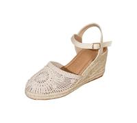 Espadrillas ricamate da donna, con cinturino alla caviglia, punta chiusa, plateau, estive, con tacco e punta aperta, Beige, 38.5 EU