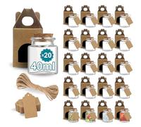 Espirito Rebelde 20 barattoli quadrati in vetro per spezie, 40 ml, con tappo in sughero + 20 scatole Kraft + 20 etichette Kraft + spago di iuta | barattoli portaoggetti cucina | spezie, marmellata,