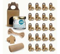 Espirito Rebelde 20 vasetti in vetro vuoti da 30 ml con coperchio + scatole + tessuto + spago di iuta + etichette kraft, marmellata, conserve, miele, souvenir di nozze