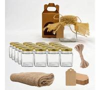 Espirito Rebelde Set 20 Barattoli di Vetro Quadrati 100 ml + 20 Scatole, Etichette Kraft, Tessuto e Spago - Vasetti per Spezie e Marmellata | Bomboniera
