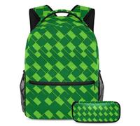 Esplora con stile, zaino con astuccio, il set ideale per ragazzi, ragazze e adolescenti, motivo geometrico quadrato verde, Multicolore, B:29.4x20x40cm P:19x7.5x3.8cm, Zaini Daypack