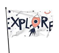 Esplora parole Astronave Cosmo Bandiera da giardino 3x5 FT Cartone animato Abete Razzo Galassia Stella Terra Luna Poliestere Cortile Bandiere Casa Patio Prato Banner di auguri per esterni