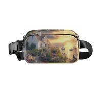 Esplosione radiante di colore Opera d'arte Carino Crossbody Bag Marsupio per uomo donna resistente all'acqua Cintura da corsa Marsupio, Tramonto Seaside Haven Faro fiorisce Sogni di vela, 1 size
