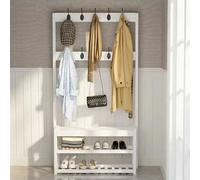 Espositore a 2 ripiani con panca per scarpe, appendiabiti e contenitore per 6-8 paia di scarpe da ingresso con ganci per cappotti e accessori