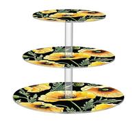 Espositore rotondo a 3 ripiani per cupcake a forma di papavero giallo con fiore nero per tè e cupcake torre personalizzato per compleanno dessert espositore da tavolo vassoi per alimenti con stampa