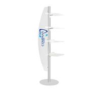 Espositore serie ALMA con 4 ripiani sagomati formato A4 e vela ripiani in metacrilato trasparente o in lamiera microforata Dimensione struttura 54x175 cm Vela 285x1500