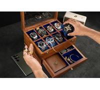Espositore vintage per orologi da uomo, in palissandro di lusso, grande, organizer per orologi da uomo, con 8 scomparti divisi, morbidi cuscini in velluto e cassetto per portafogli, gemelli e'