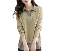 EsprAL Maglieria a Maniche Lunghe in Due Pezzi Finti da Donna, Camicia Maglione con Colletto e Cappotto, Cardigan Corto in Lana (Medium,off-White)