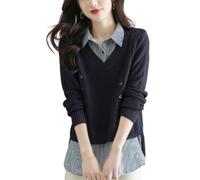EsprAL Maglieria a Maniche Lunghe in Due Pezzi Finti da Donna, Camicia Maglione con Colletto e Cappotto, Cardigan Corto in Lana (X-Large,Navy Blue)