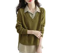 EsprAL Maglieria a Maniche Lunghe in Due Pezzi Finti da Donna, Camicia Maglione con Colletto e Cappotto, Cardigan Corto in Lana (X-Large,Yellow)