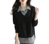 EsprAL Maglieria a Maniche Lunghe in Due Pezzi Finti da Donna, Camicia Maglione con Colletto e Cappotto, Cardigan Corto in Lana (Large,Black)
