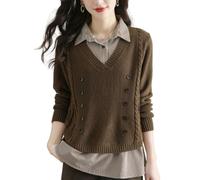 EsprAL Maglieria a Maniche Lunghe in Due Pezzi Finti da Donna, Camicia Maglione con Colletto e Cappotto, Cardigan Corto in Lana (Small,Brown)