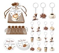 Espresso Martini Bomboniere Love Is Brewing Decorazione per doccia nuziale Portachiavi Caffè Sacchetti di organza marrone Etichette rotonde di ringraziamento per caffè a tema addio al nubilato