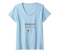 Espresso Poi Prosecco: Chic Cafe Bar Wall Maglietta con Collo a V, Donna, Celeste, XXL
