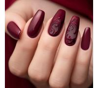 Esprimi il tuo amore con 24 unghie finte a forma di bara, eleganti strisce rosse, unghie alla moda rosse e burgundy con motivo a piuma di fenice burgundy. Kit completo di unghie finte per donne e raga