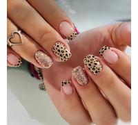 Esprimi il tuo amore con 24 unghie finte corte e quadrate, in stile francese semplice e alla moda, con macchie nere a forma di leopardo. Unghie finte eleganti con stile francese leopardato e glitter r