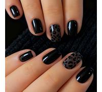 Esprimi il tuo amore con 24 unghie finte corte, semplici ed eleganti, con pois neri e glitter argento, unghie finte leopardate alla moda per donne e ragazze. Include 1 foglio di adesivi e 1 lima per u