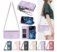 EspZanthic Custodia a portafoglio per iPhone 12 Pro con farfalla scintillante retrò, in pelle, 3 scomparti per schede, antiurto, con cordino e tasca con cerniera, cavalletto, chiusura magnetica, viola