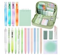 ESSALOO 22 Pezzi Set di Cancelleria per Studenti con Astuccio, 11 Penne Neutre, 4 Evidenziatori, 1 Matite Meccaniche, Regalo Bambina 6 7 8 9 10 11 12 Anni, Verde