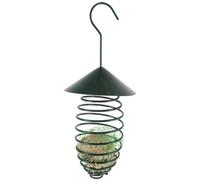 Esschert Design Futterfeder mit Dach, hängend, Gefäß für Futterbälle, Futterkugeln, Metall, mit Hacken, Höhe 24 cm, dunkelgrün