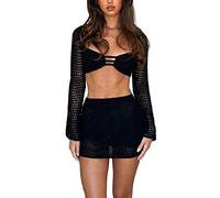 ESSECMBS 2 Pezzi Completo Estivo Crop Top Lavorato a Maglia Maglietta Corta Manica Lunga Abito da Spiaggia Donna Cover up Mare Elegante+Gonna Corta in Maglia (Nero, S)