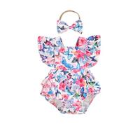 ESSECMBS 2Pz Completo Neonata Pagliaccetto Estivo Neonata Tutina Stampa Floreale Bimba con Maniche Volant Vestito Principessa Elegante+Fascia per Neonata (Viola, 3-6 Months)