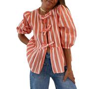 ESSECMBS Maglietta a Manica Lunga Donna Sexy T-Shirt Camicetta a Righe Aperta sul Davanti Cravatta Slim Camicie Tinta Unita Strisce Gilet Tops Sexy Casual Shirts Corto Elegante (Arancione, S)