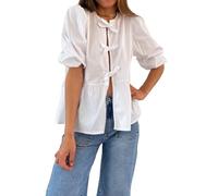 ESSECMBS Maglietta a Manica Lunga Donna Sexy T-Shirt Camicetta a Righe Aperta sul Davanti Cravatta Slim Camicie Tinta Unita Strisce Gilet Tops Sexy Casual Shirts Corto Elegante (Bianco, S)
