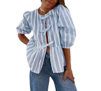 ESSECMBS Maglietta a Manica Lunga Donna Sexy T-Shirt Camicetta a Righe Aperta sul Davanti Cravatta Slim Camicie Tinta Unita Strisce Gilet Tops Sexy Casual Shirts Corto Elegante (Blu, M)