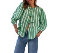 ESSECMBS Maglietta a Manica Lunga Donna Sexy T-Shirt Camicetta a Righe Aperta sul Davanti Cravatta Slim Camicie Tinta Unita Strisce Gilet Tops Sexy Casual Shirts Corto Elegante (Verde, S)