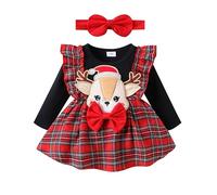 ESSECMBS Natale 2Pz Completo Elegante Bimba Vestito Natalizio Neonata Ricamo di Renne con Maniche Lunghe Neonata Abito Elegante Neonata Vestito Principessa Bambin Fascia (Rosso, 18-24 Months)