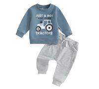 ESSECMBS Set di 2 pezzi per neonato, bambino, ragazzo, tuta con trattore, a maniche lunghe, con elastico in vita e coulisse, pantaloni con trattore, caldi e morbidi, outfit con trattore, Blu, 18-24