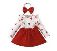 ESSECMBS Valentine's Day Vestito Principessa Bambina Invernale con Maniche Lunghe, Abito Elegante Neonata Stampa Cuore, Rosso da Festa + Fascia (Rosso, 12-18 Months)