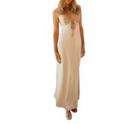 ESSECMBS Vestito Lungo Donna Elegante Cerimonia Sexy da Spiaggia Abito da Sera Abito da Festa Scollo a V Senza Maniche Schiena Scoperta Champagne, m