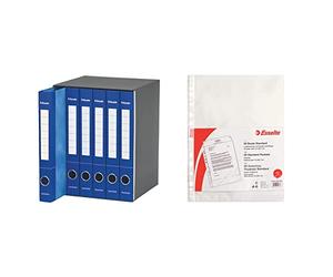 ESSELTE S65 ESSENTIALS E6 gruppo raccoglitore a 2 anelli - dorso 4 cm - Blu - 391965050 & Buste Perforate Standard, in PPL Antiriflesso, per Archiviare e Conservare Documenti in Formato A4