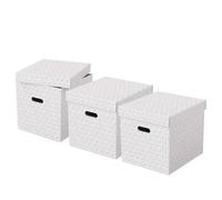 Esselte Set di 3 Contenitori Cubici Grandi con Coperchio in Cartone Riciclato e Riciclabile al 100%, Ottimali per lo Stoccaggio e l'Archiviazione, Design Geometrico, 320 mm x 315 mm x 365 mm, Bianco