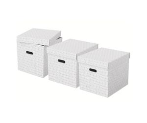 Esselte Set di 3 Contenitori Cubici Grandi con Coperchio in Cartone Riciclato e Riciclabile al 100%, Ottimali per lo Stoccaggio e l'Archiviazione, Design Geometrico, 320 mm x 315 mm x 365 mm, Bianco