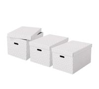 Esselte Set di 3 Contenitori Grandi con Coperchio in Cartone Riciclato e Riciclabile al 100%, Ottimali per lo Stoccaggio e l'Archiviazione, Design Geometrico, 355 mm x 305 mm x 510 mm, Bianco