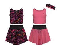 Essenclo Flowy Girls Butterfly Shorts Skirts w/Pockets & Athletic Sleeveless Tank Tops, Dance Tennis Cheer Running (5pc Set) - E2106 - Set-13-9-10